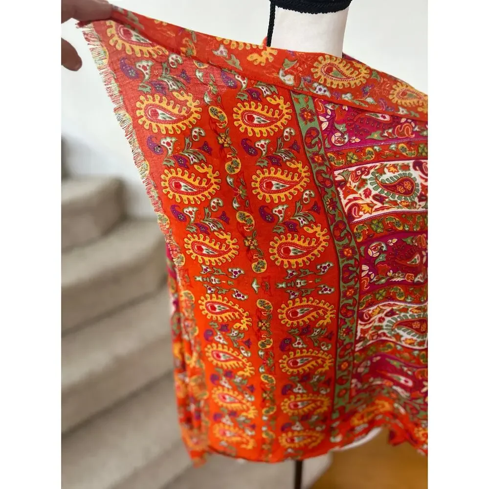 Orange Pink Green Paisley Print Shawl Wrap Scarf